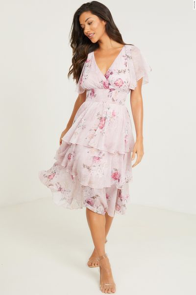 Pink Floral Chiffon Midi Dress